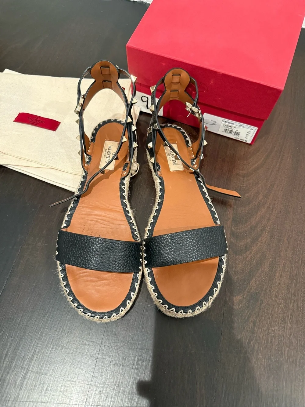 Valentino Black Leather Studded flat Espadrille Sandals